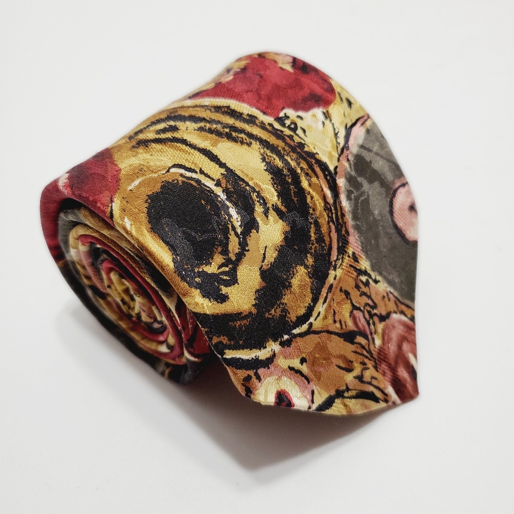 Henri Christian Necktie Red & Tan Abstract Pattern Silk Neck Tie 54x3.5"